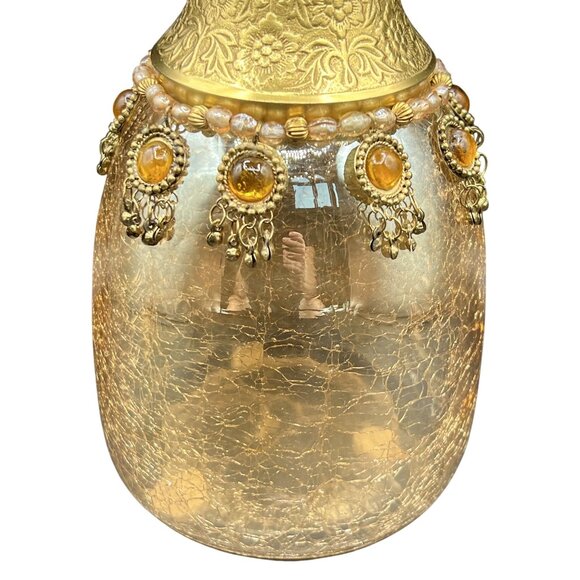 Vintage Handcrafted Brass Floral Etched Neck Ornate Amber Crackle Glass Vase - Picture 6 of 13